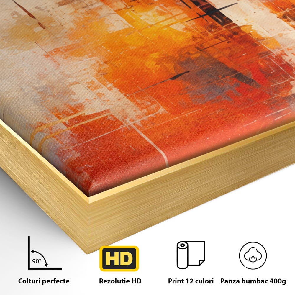 Detaliu al suprafetei: tablou abstract cu structuri geometrice, in rama de aluminiu auriu